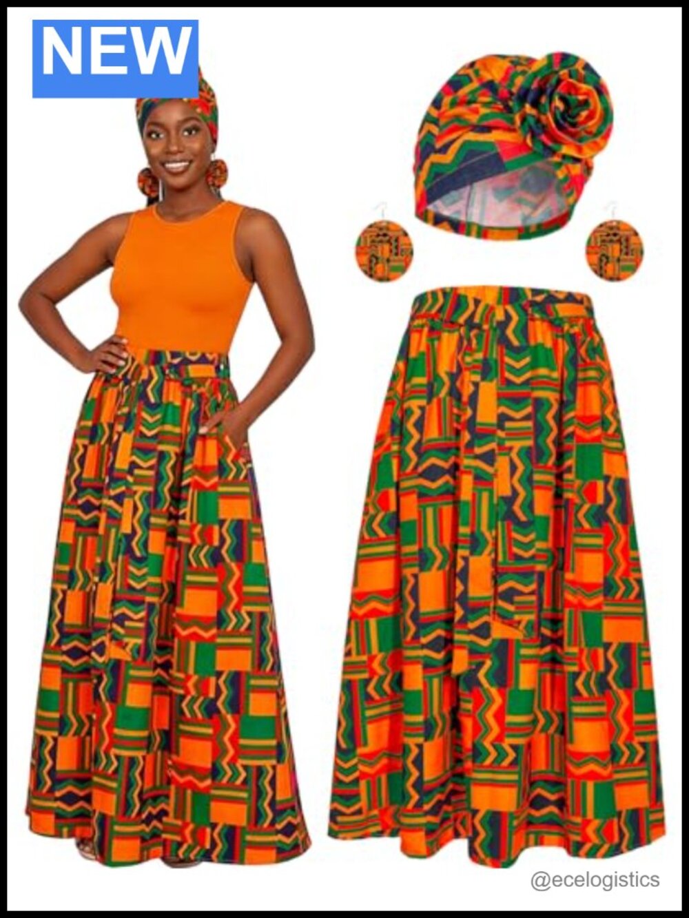 African Print Maxi Skirt Set with Head Wrap Wooden Earrings A-Line Pockets
